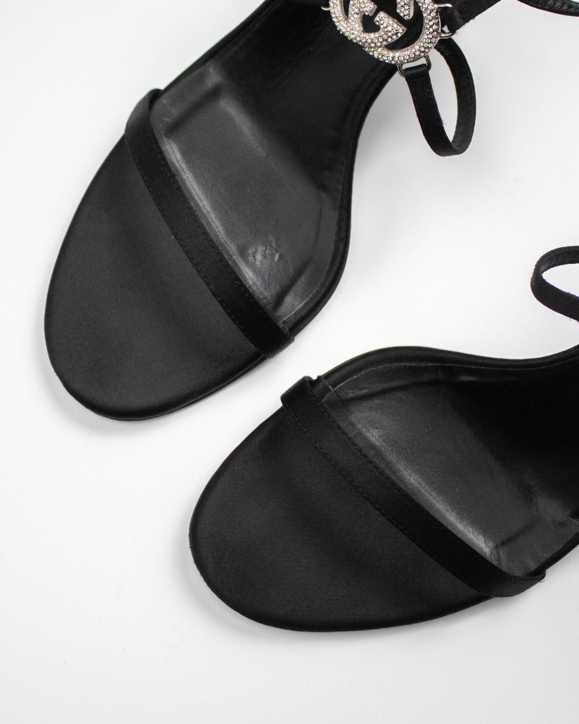 Vintage Gucci Black Satin Interlocking G Logo Sandals / 39 (US 9