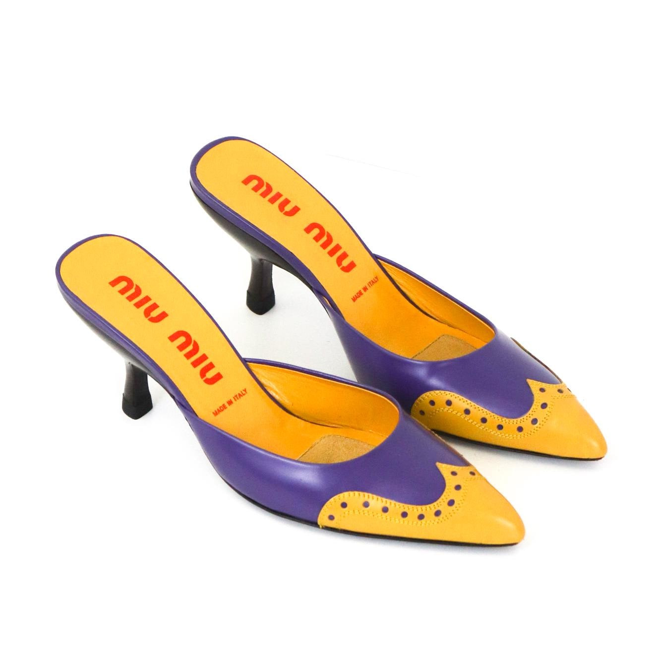 Vintage Miu Miu Prada Purple Yellow Leather Western Mules Pointed