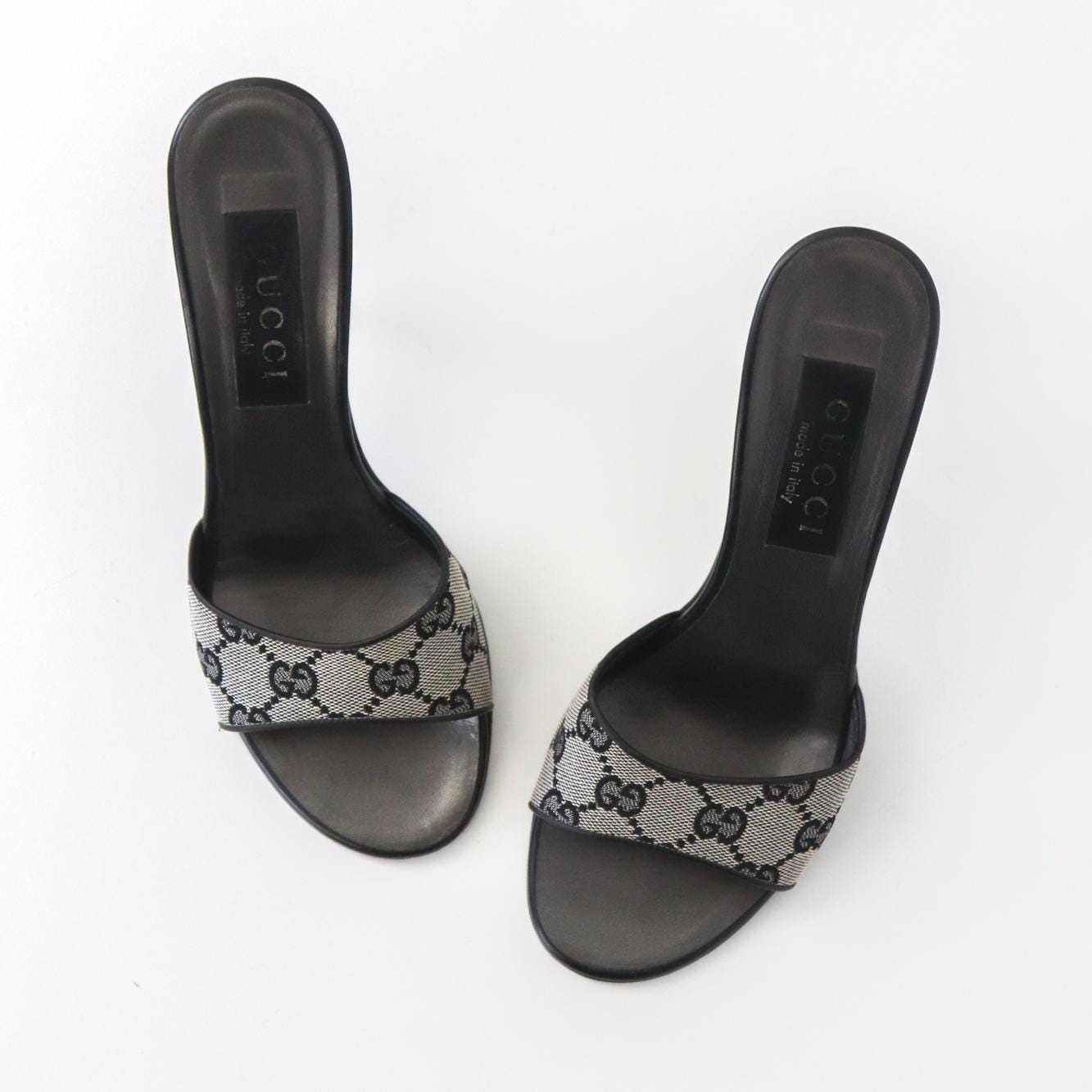 Vintage Gucci by Tom Ford Gray Canvas GG Logo Monogram Mules