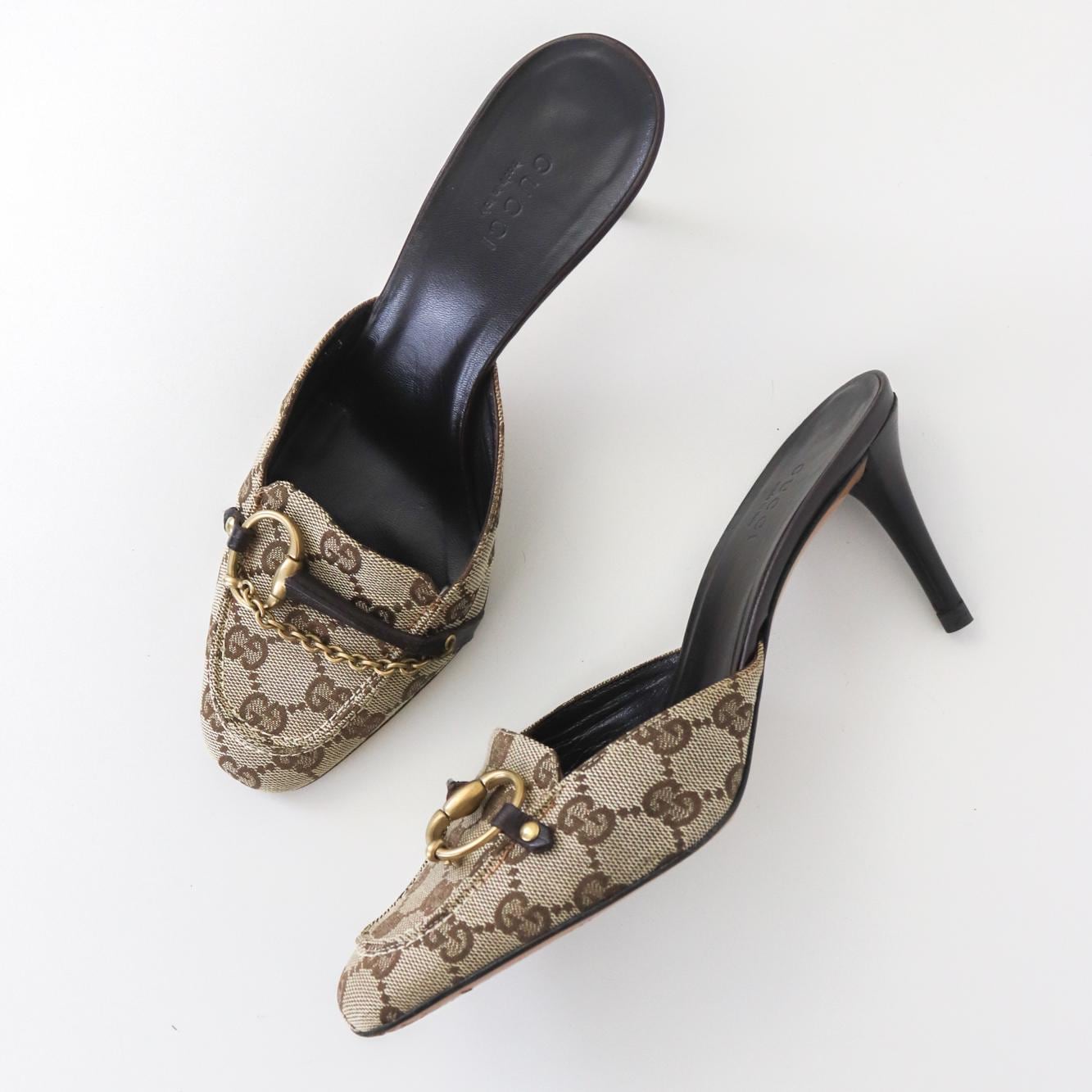 【美品】GUCCI スウェード　パンプス　コルクウェッジ　バッグロゴ Vintage Gucci by Tom Ford Beige GG Logo Monogram Mules