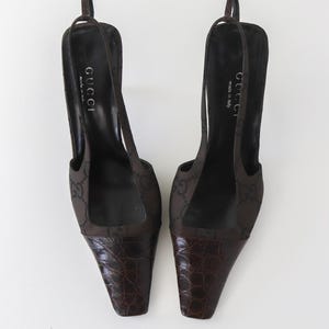 Vintage S/S 1998 Gucci by Tom Ford Brown GG Monogram Croc Square G Slingback Heels / 40 (US 10)