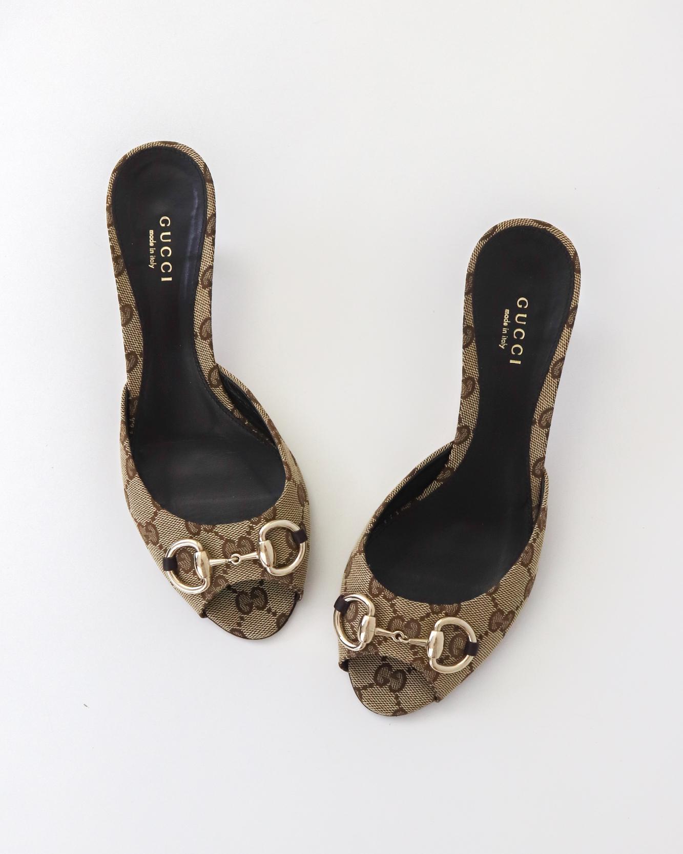 靴 Vintage Gucci Monogram Heel Mules 36 C GUCCI Vintage GG Monogram Logo Sandals Heels #36-36.5 Black