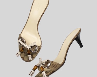 Vintage Gucci GG Black Monogram Canvas Mules Heels 90s Minimalist