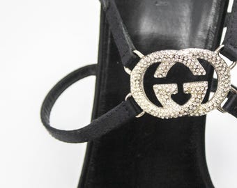 Vintage Gucci Black Satin Interlocking G Logo Sandals / 39 (US 9