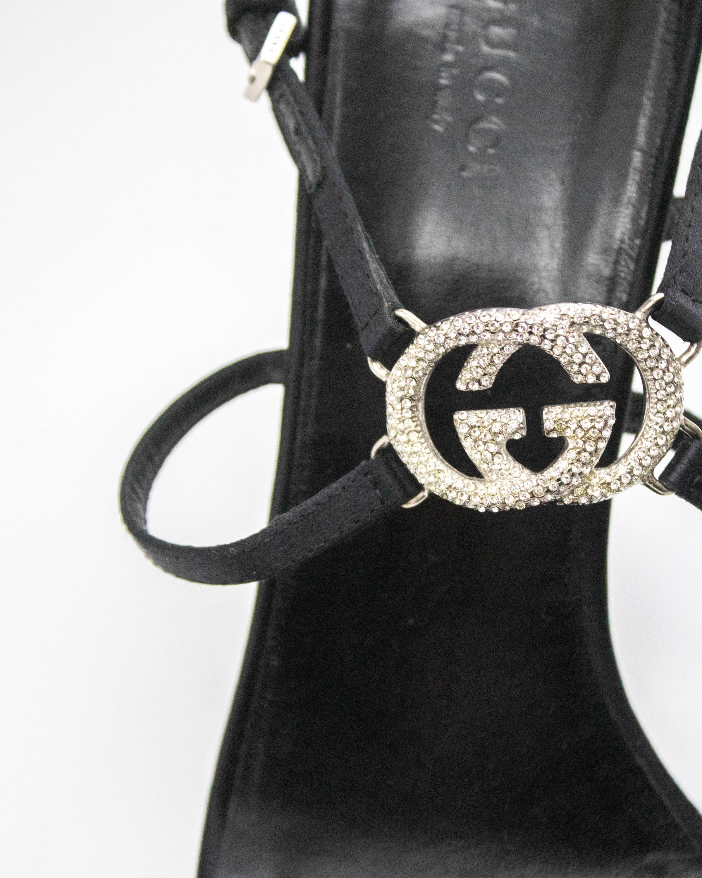 Vintage Gucci Black Satin Interlocking G Logo Sandals / 39 (US 9