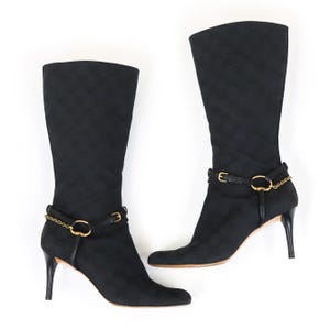 Vintage Gucci by Tom Ford Canvas Leather Monogram Boots Horsebit Chain Heels/ 36