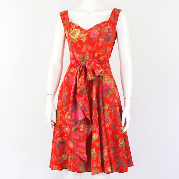 Krizia, Vintage 1990s Krizia Red Silk Floral Dress / XS-S