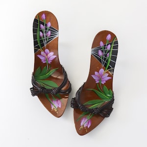 Vintage Christian Dior Galliano Era Flower Hand-painted Mules Leather Knot Heels / 36.5 (US 6.5)
