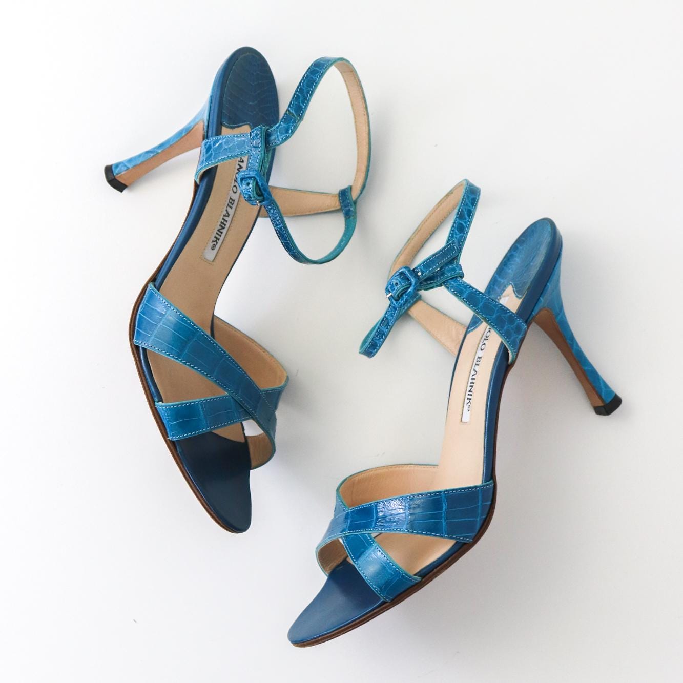 Vintage Manolo Blahnik Callamu Blue Croc Ankle Strap Heels/ 37 (US