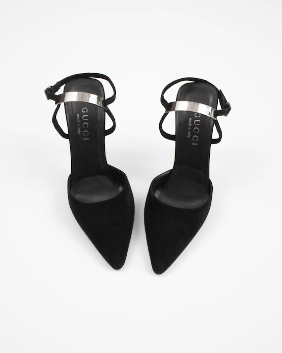 Vintage Gucci by Tom Ford Black Suede Pumps Logo Plate Detail / 35.5