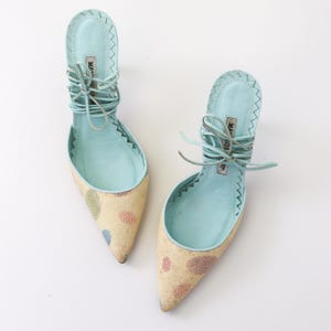 Vintage 2000s Manolo Blahnik Stingray Skin Turquoise Leather Lace Up Mules / 36
