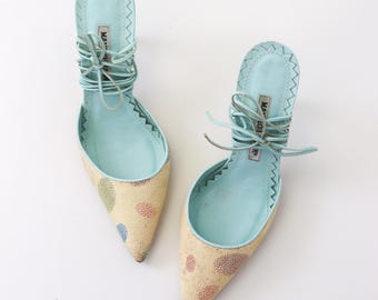 Vintage 2000s Manolo Blahnik Stingray Skin Turquoise Leather Lace Up Mules / 36