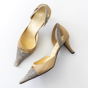 Vintage Prada Satin Mules D&#39;Orsay Lizard Trim Pointed Toe Flared Kitten Heels 39/40