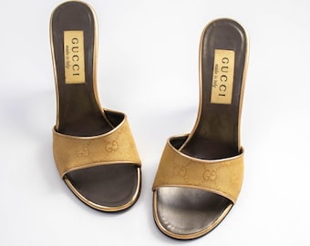 Vintage Gucci by Tom Ford Gold Monogram Canvas Mule Heels / 37 (US
