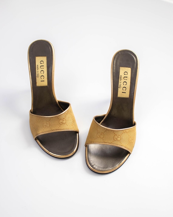 Vintage Gucci by Tom Ford Gold Monogram Canvas Mule Heels / 37 (US