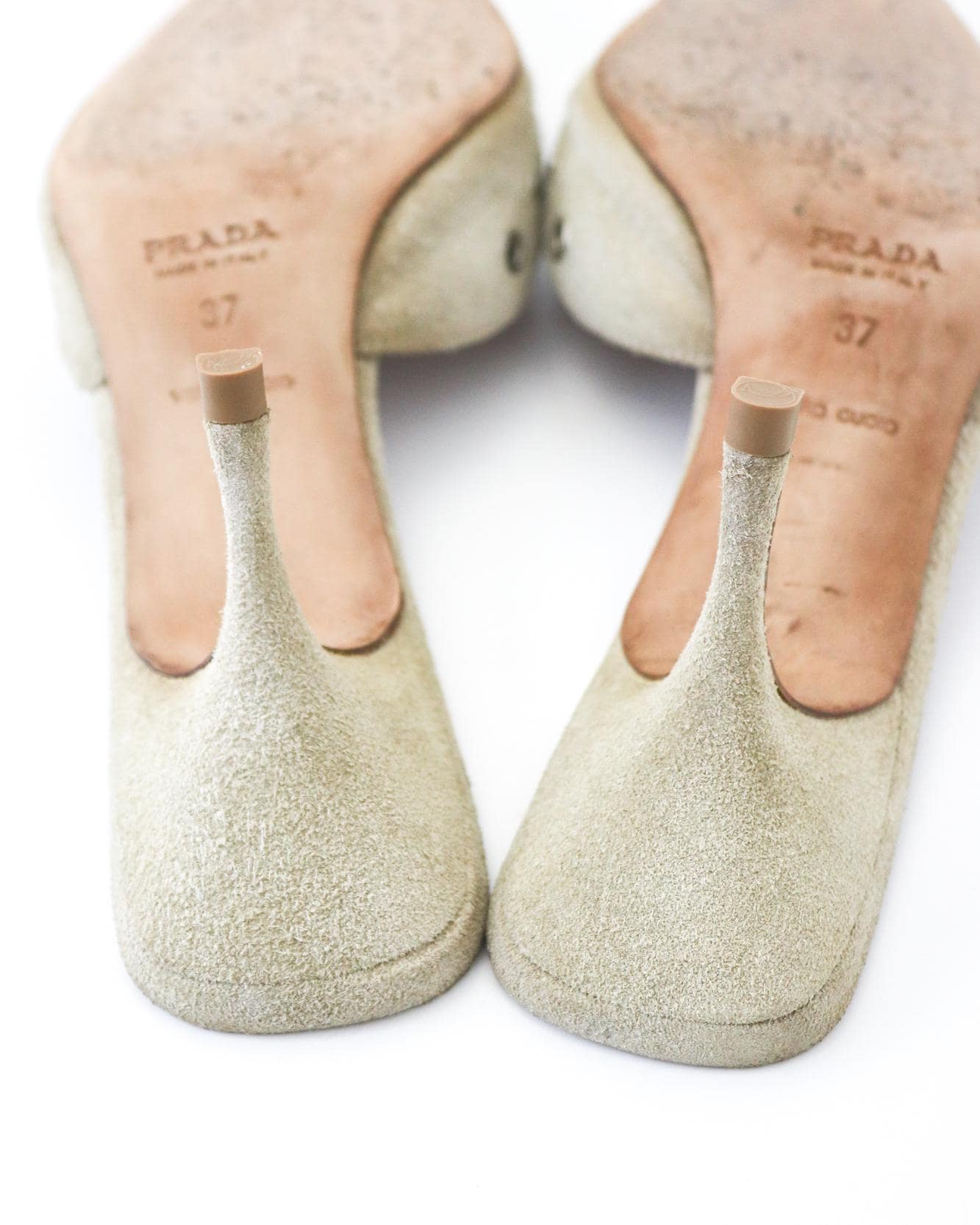 Vintage Prada Iconic Beige Suede Eyelet Bow Mule Heels / 37 (US 7