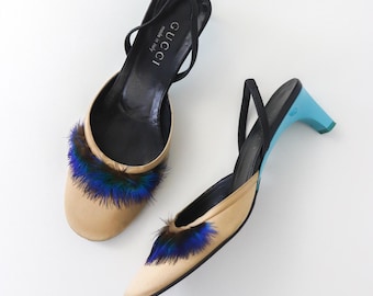 靴 Tom Ford For Gucci S/S 1999 Vintage mule Vintage S/S 1999 Gucci Tom Ford Runway Satin Peacock Feather