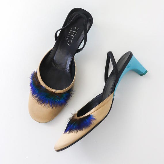 靴 Tom Ford For Gucci S/S 1999 Vintage mule Vintage S/S 1999 Gucci Tom Ford Runway Satin Peacock Feather