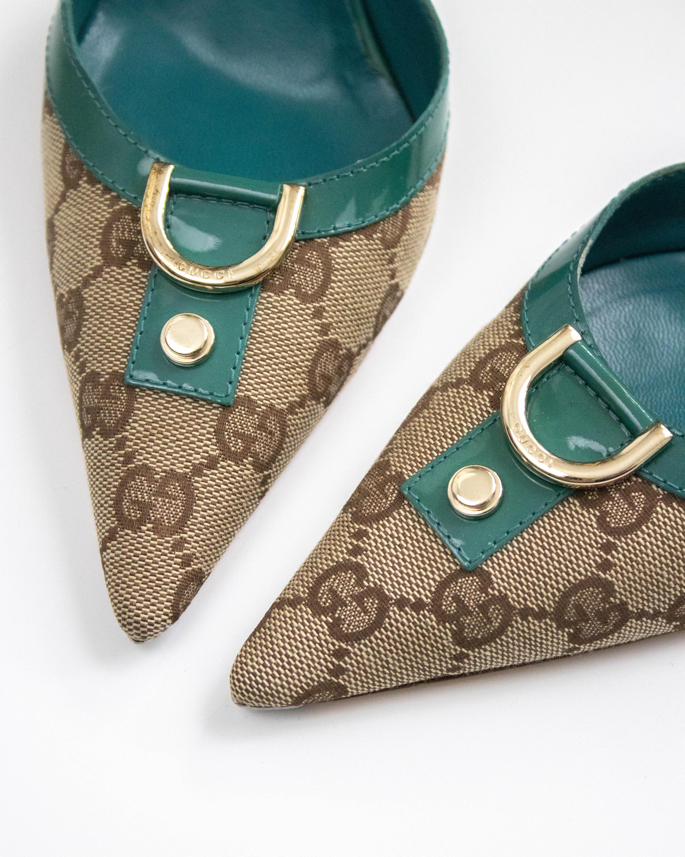 Vintage 2000s Gucci Monogram Turquoise Mule Heels / 36.5 (US 6.5