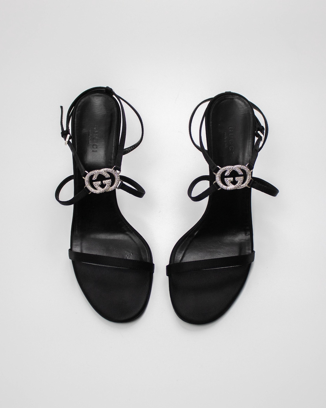 Vintage Gucci Black Satin Interlocking G Logo Sandals / 39 (US 9