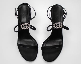 Vintage Gucci Black Satin Interlocking G Logo Sandals / 39 (US 9 Vintage Gucci Black Satin Interlocking G Logo Sandals / 39 (US 9