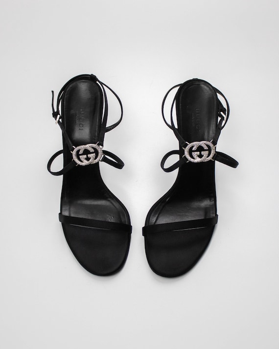 Vintage Gucci Black Satin Interlocking G Logo Sandals / 39 (US 9