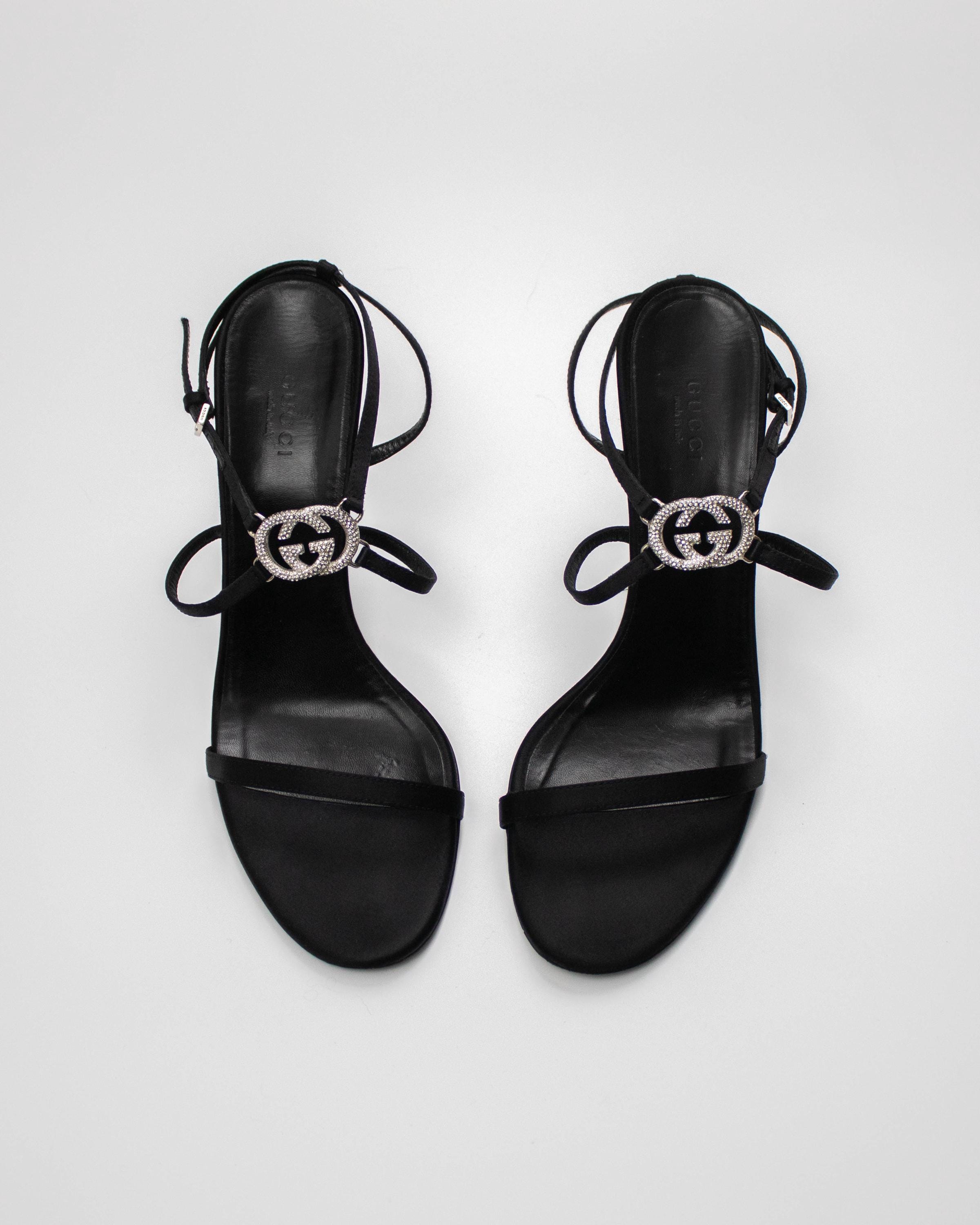 Vintage Gucci Black Satin Interlocking G Logo Sandals / 39 (US 9