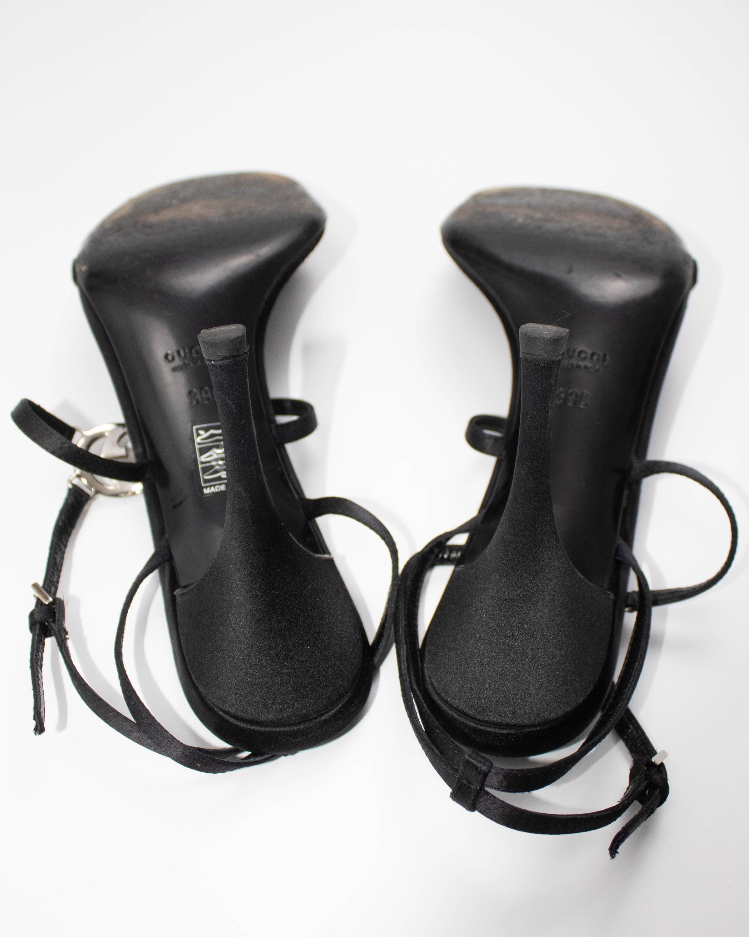 Vintage Gucci Black Satin Interlocking G Logo Sandals / 39 (US 9