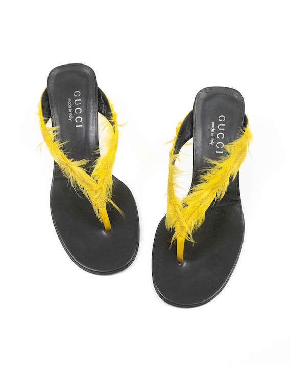Gucci, Vintage S/S 1999 Gucci Runway Yellow Feather Thong Mules / 36 (US 6)