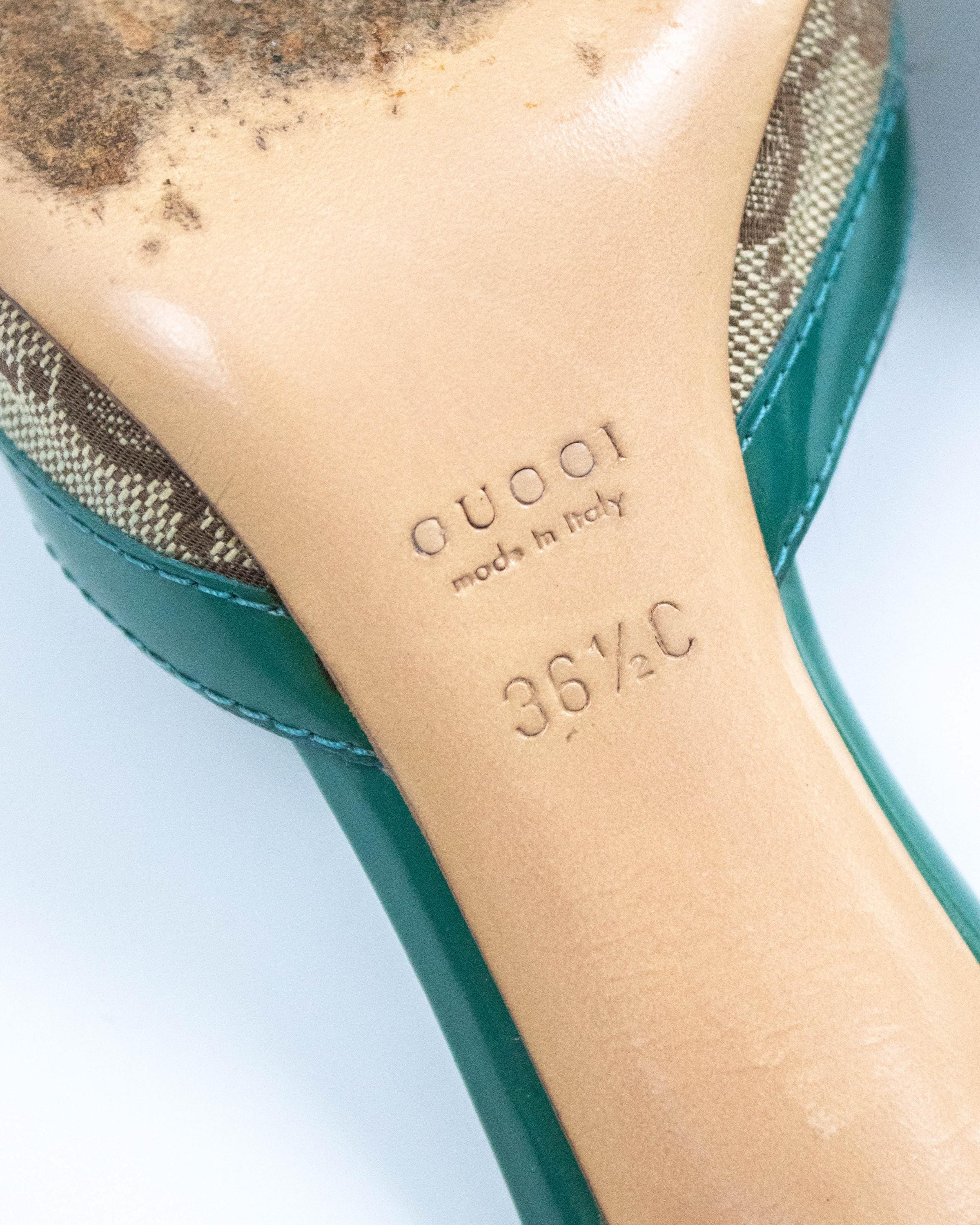 Vintage 2000s Gucci Monogram Turquoise Mule Heels / 36.5 (US 6.5