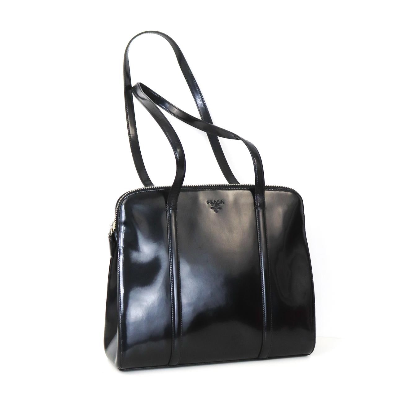 Vintage 1990s Prada Spazzolato Black Patent Leather Shoulder Bag 
