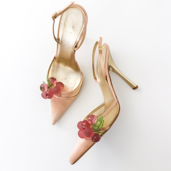 SOLD // SOLD // Vintage Vicini Giuseppe Zanotti Leather Satin Slingback Mules Grape Decor / 36