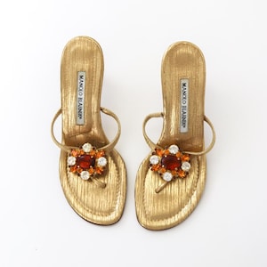 Vintage Manolo Blahnik Gold Bejeweled Thong Mule Heels / 36.5 (US 6.5)