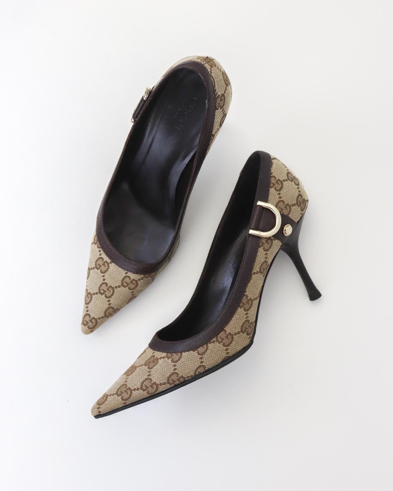 靴 Vintage Gucci Monogram Heels 36 1/2 Gucci Black GG Monogram Canvas and Leather Stiletto Heel