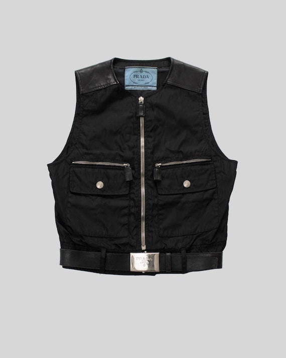 ジャケット・アウター 1994 PRADA nylon leather utility vest Vintage F/W 1994 Prada Leather Nylon Runway Cropped Belted Vest