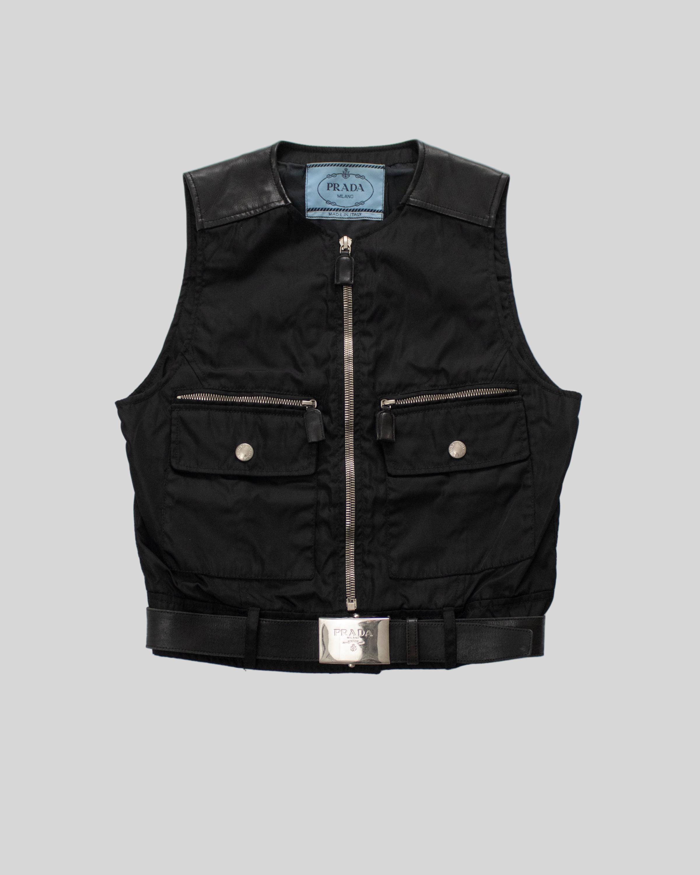 Vintage F/W 1994 Prada Leather Nylon Runway Cropped Belted Vest