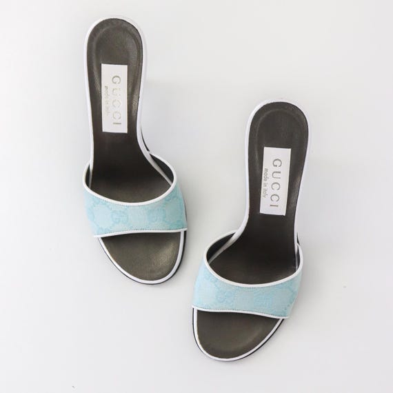 Vintage Gucci by Tom Ford Blue Canvas GG Logo Monogram Mules