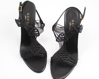 Vintage Gucci svarta flätade lädersandaler / 37.5 (US 7.5)