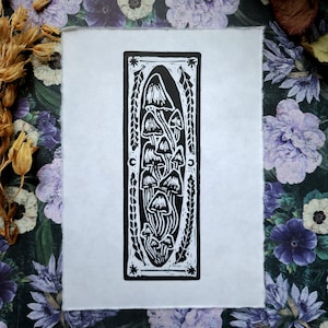 Forest Mushrooms Linocut Print 5x7