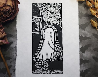 Grabado en linóleo de fantasma / Truco o trato, arte espeluznante de Halloween