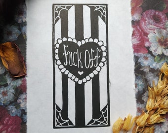 Fuck Off Linocut Block Printing Print 5x7