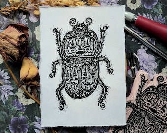 Strange Linocut Print 5 x 7 | Beetle | Bug | Spooky | Whimsical |