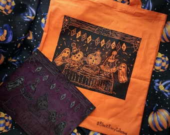 Stay Spooky Lucky 13 Halloween Party  Linocut Block Printed Cotton Tote Bag