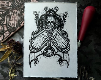 Unusual Linocut Print 5 x 7 | Ghost | Skull | Beetle | Bug | Spooky | Whimsical |