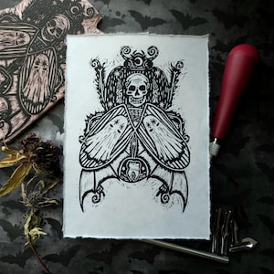 Unusual Linocut Print 5 x 7 | Ghost | Skull | Beetle | Bug | Spooky | Whimsical |