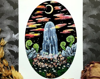 Enchanted Ghost | Spooky Ghost Art | Mushrooms | Cottagecore Art Print Matte | Art Print | 5x7