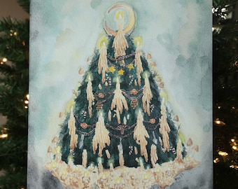 Candle lit tree watercolor, Matte, Art Print