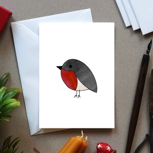 Carte de voeux, rouge-gorge, dessin animalier nature, dessin encre de couleur, oiseau, carte postale, carte cadeau