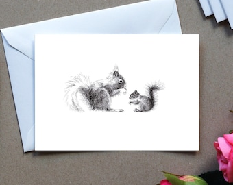 Carte de vœux, écureuil avec ourson, dessin animalier nature, carte d'art, cadeau, carte d'anniversaire, carte postale, illustration, impression en A6