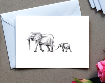 Grußkarte, Elefant mit Jungtier, Tier-Zeichnung Natur, Kunstkarte, Geschenk, Geburtstagskarte, Postkarte, Illustration, Druck in A6